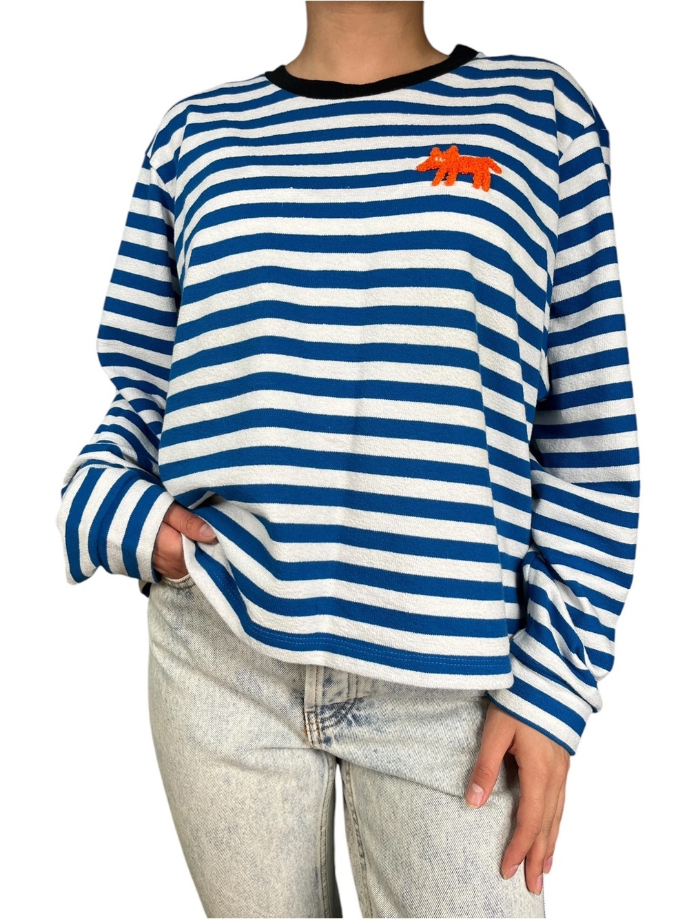 Striped Blue & White Long-Sleeve Tee with Orange Fox Detail